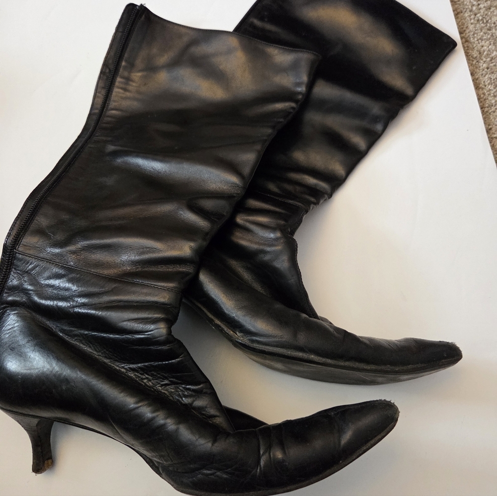 Hugo Boss Vintage Lambskin Tall Black Women's Boots, Kitten Heel